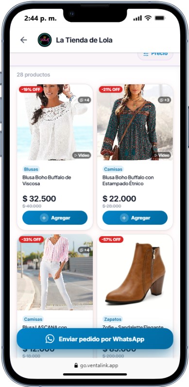 Catálogo de productos Walinka visto desde un celular por el cliente