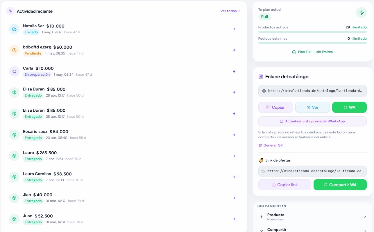 Panel de control de Walinka mostrando actividad reciente y pedidos del negocio