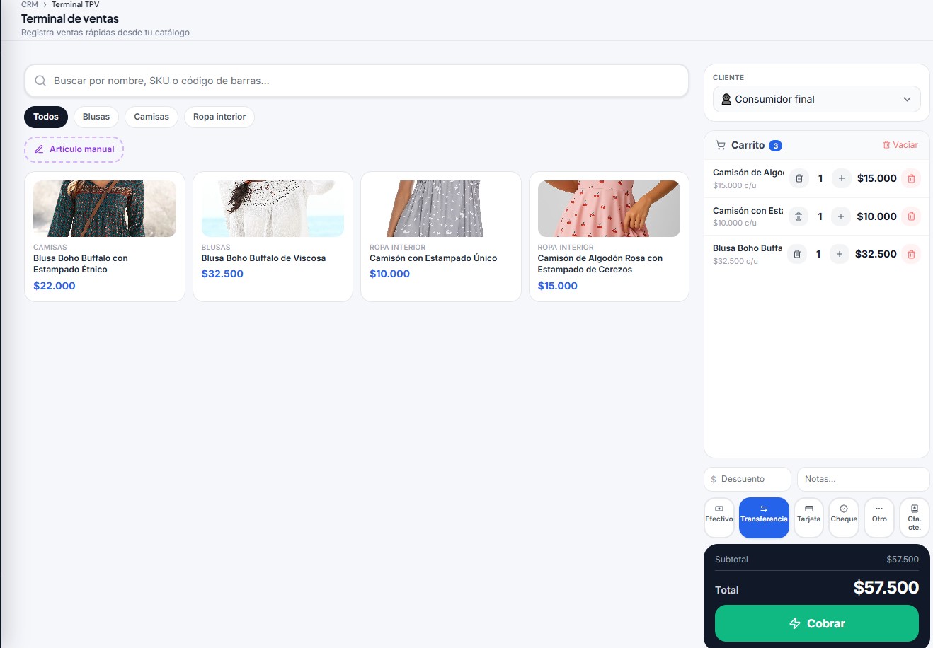 Terminal de ventas TPV de Walinka con carrito de compras activo